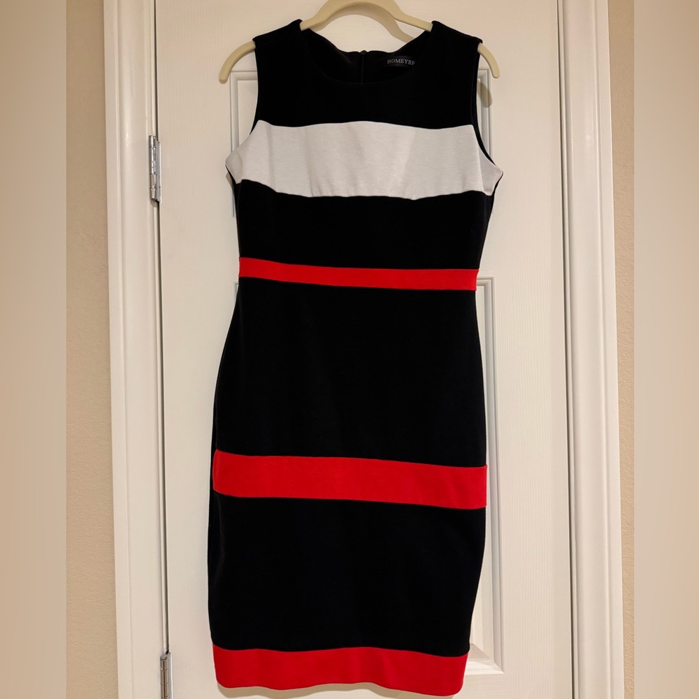 Black, white and red striped pencil dress